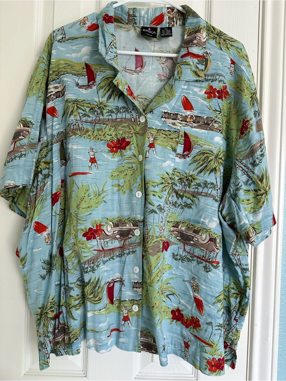 Erika Hawaiian Shirt Blouse Tropical Island Bright Surfer Print Cotton Blend 3X